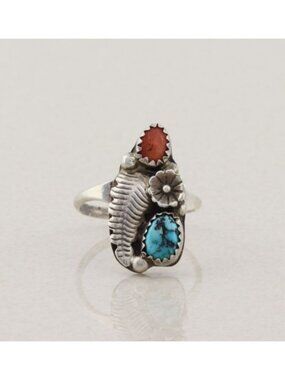 Sterling Silver Natural Turquoise & Coral Ring Size 7 3/4